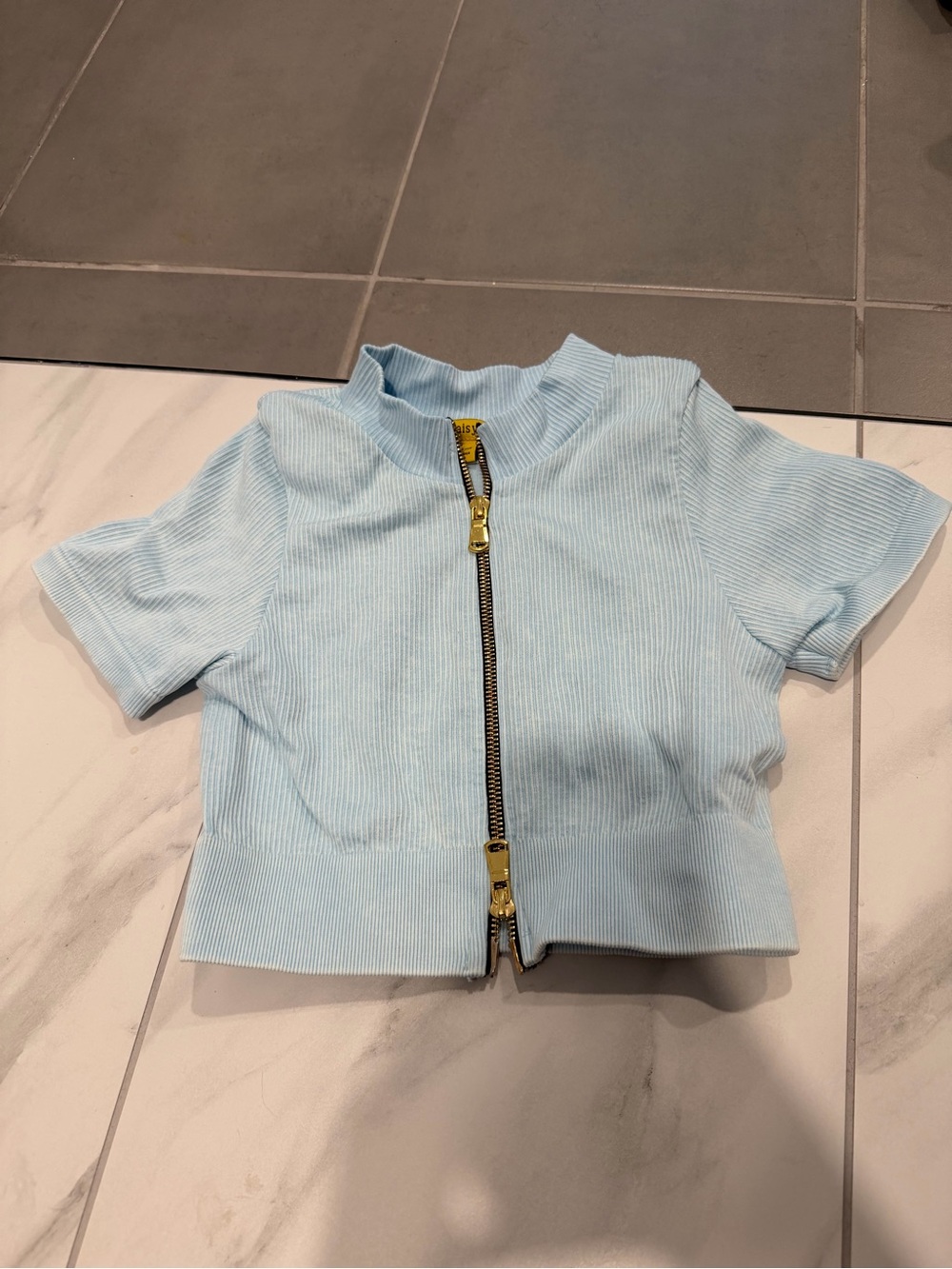 Daisy Light Blue Ribbed Zip Crop Top